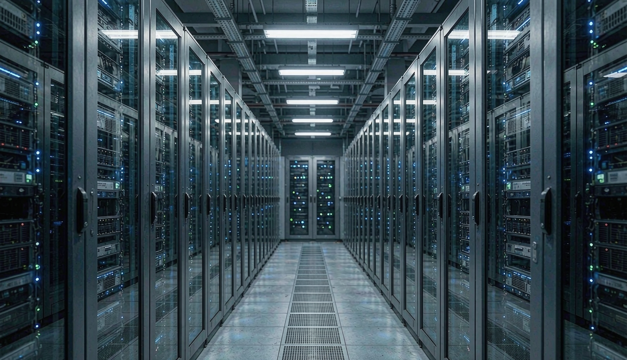 Representative AI data center hall with high-density server cabinets