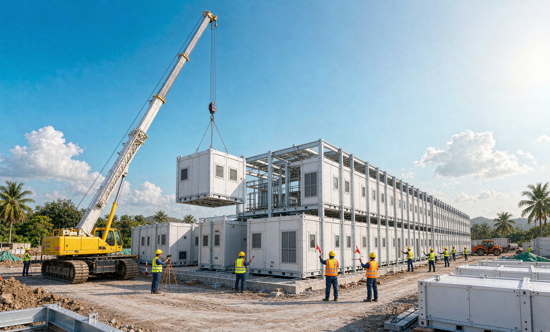 Representative AI data center under construction with prefabricated modules and a crane