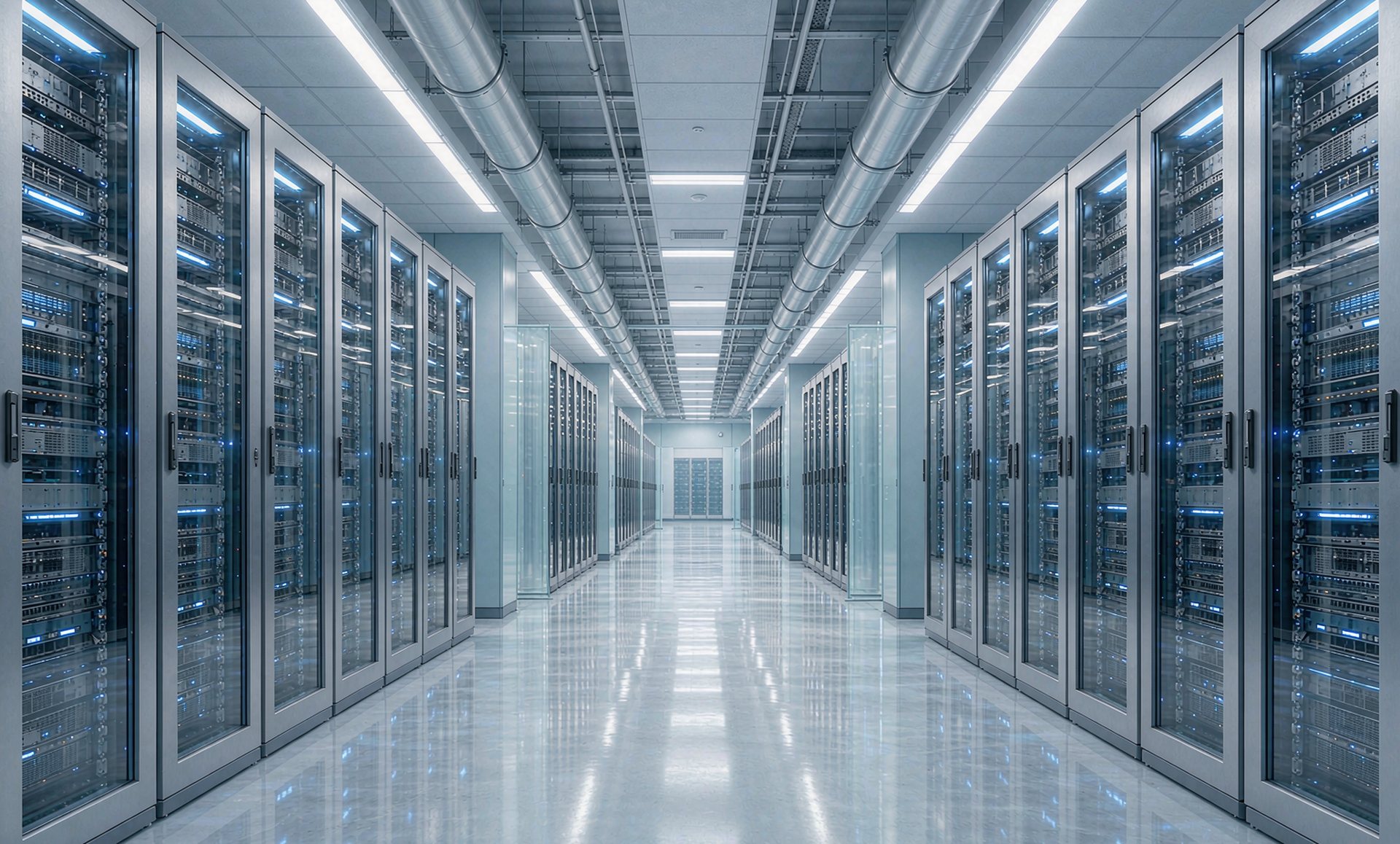 Representative high-density AI colocation hall with rows of server cabinets