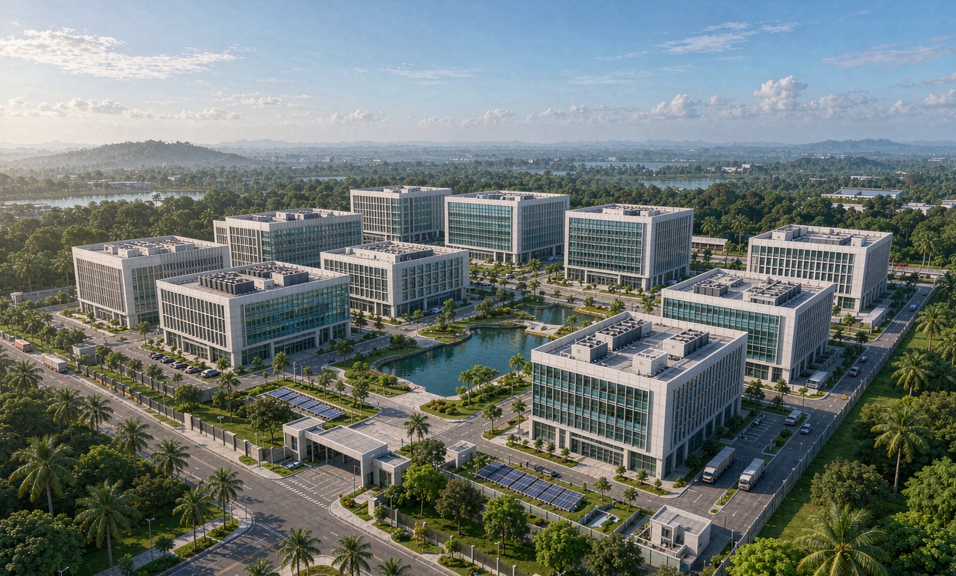 Representative AI infrastructure park in Indonesia, aerial view